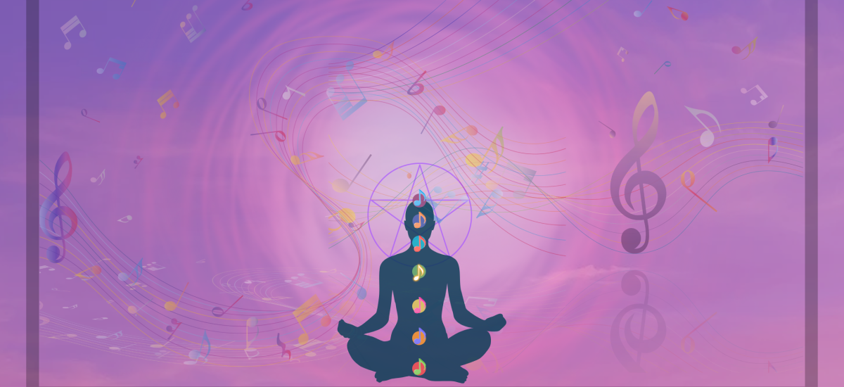 image décorative d'une silhouette méditant au milieu de notes de musique